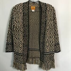 Ruby Rd Sweater Petite Medium Womens Sweater Boho Retro Hippie Fringe Black Wh